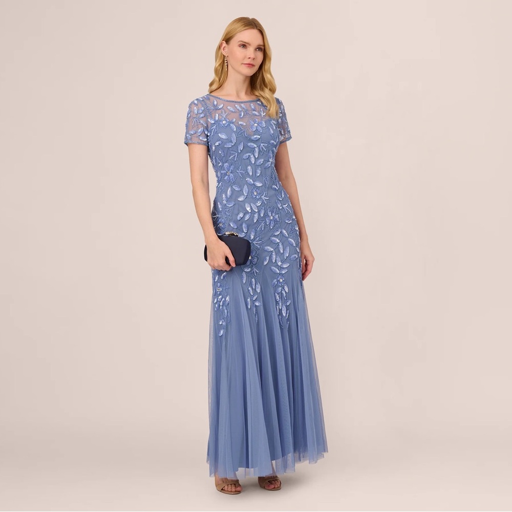 Adrianna Papell French Blue Beaded Evening Gown Size 0 NWT Formal Dress MOB GALA